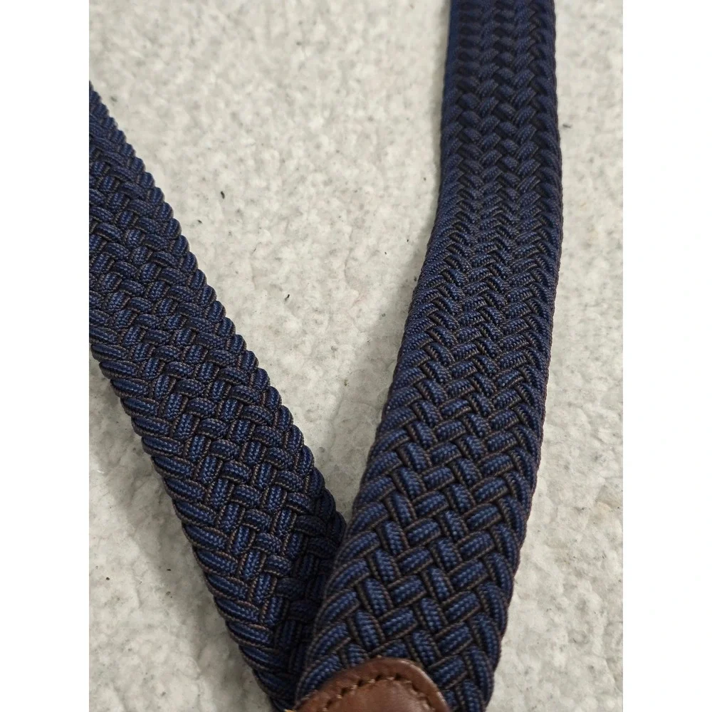 Nautica Mens Braided Stretch Belt‎ Navy Blue Brown Leather Trim L/XL 11TM030007